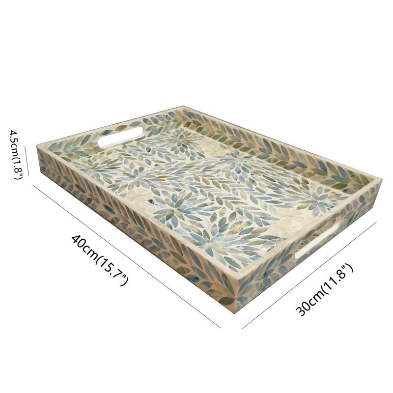 i-lan Creative Rectangular Mother of Pearl Severing Tray Lacquer Wooden Decorative Tray Handmade Shell Serving Tray with Handles and 2 Inch Side, Large Beige Blue Inlay Nacre Ottoman Tray (15.75") - Image 2